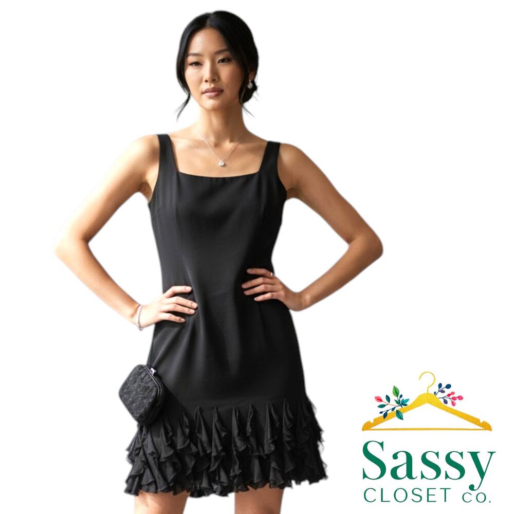 MAGGY LONDON Black Silk Ruffle Drop Hem Dress 12P Petite Sleeveless LBD EUC